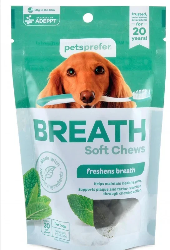 PetsPrefer® Breath Soft Chews Helps maintain healthy gums. Supports plaque and tartar reduction through chewing action. Recommended to support fresh breath and healthy teeth and gums. Soft chews available in a 30 count re-sealable bag.