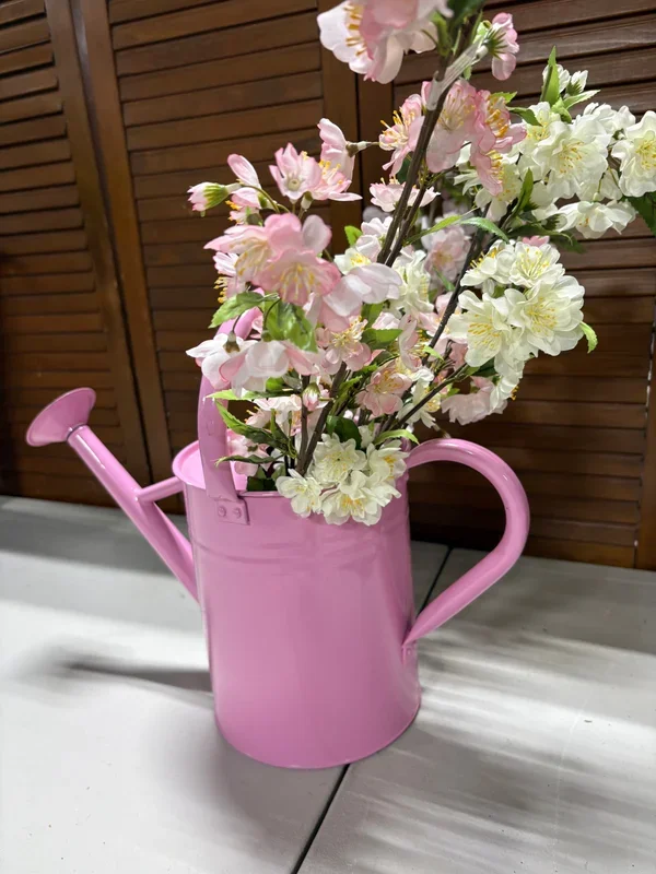 Pink Metal Watering Can w/Faux Blooming Dogwood Stems(3)