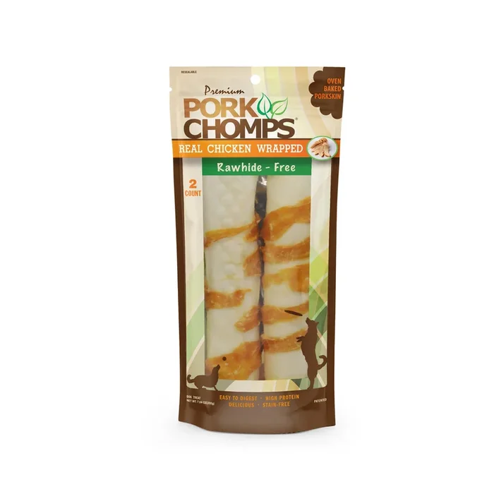 Pork Chomps 8″ Baked Pork Skin Rolls with Real Chicken wrap, 2 count Dog Chews