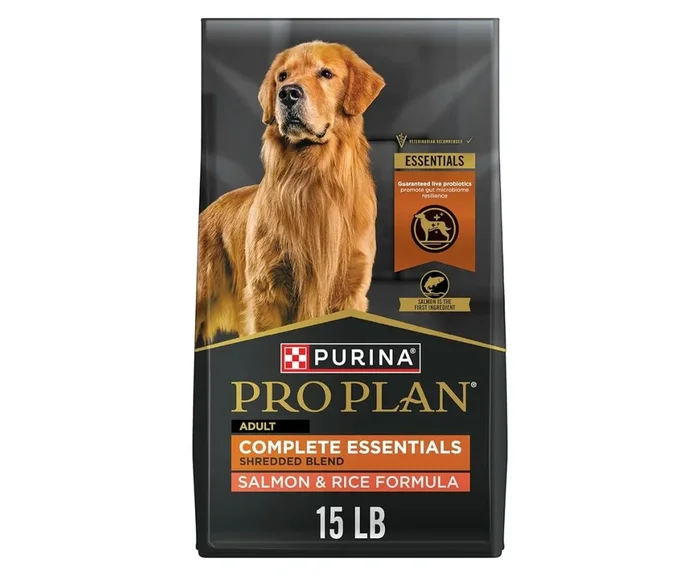 Purina Pro Plan Complete Essentials Shredded Blend Salmon and Rice Dog Food Dry Formula with Probiotics for Dogs – 15 lb. Bag