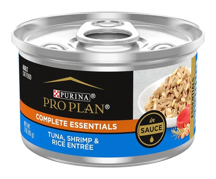 Purina Pro Plan Gravy, High Protein Wet Cat Food, COMPLETE ESSENTIALS Tuna, Shrimp & Rice Entree in Sauce – 3 oz. Pull-Top Cans