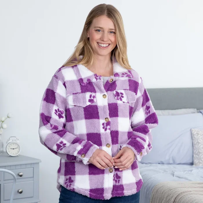 Purple Paws & Plaid Plush Sherpa Fleece Sweater Jacket