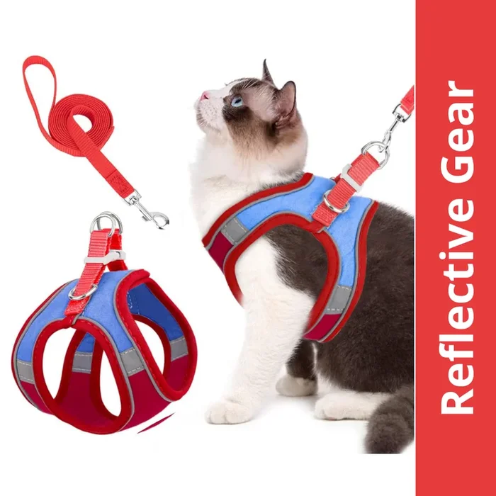 QPets Reflective Mesh Vest Harness with Leash for Cats (Blue/Red)