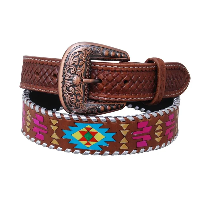 Rafter T Women’s Painted Aztec & Silver Stitch Leather Belt