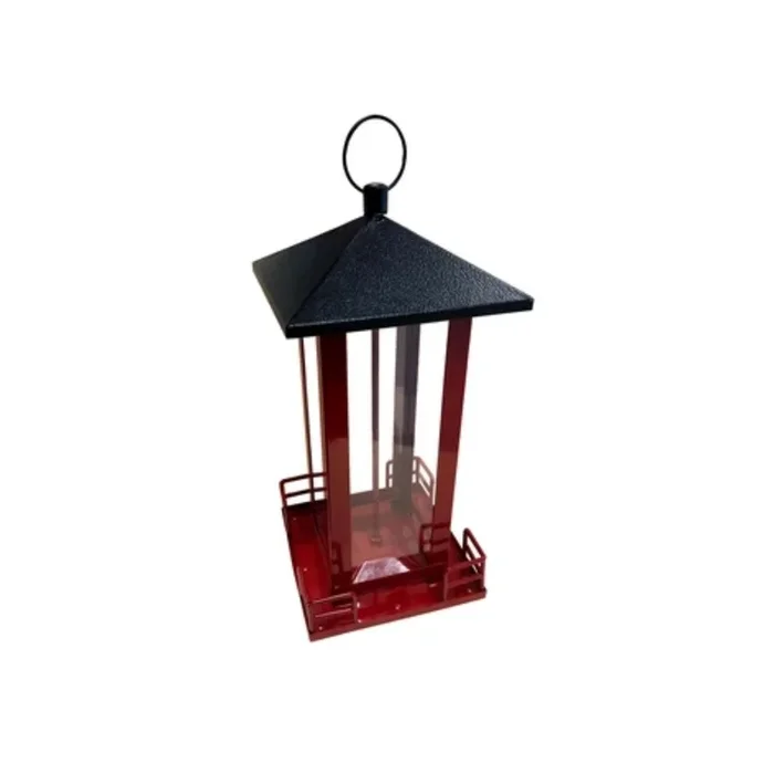 Red Metal Bird Feeder with Black Roof
