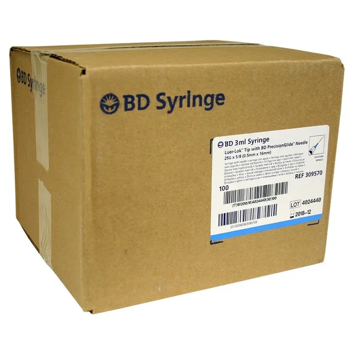 Rx BD Luer-Lock (LL) Syringe with Needle Combo, 3cc with 25ga x 5/8″, Box of 100