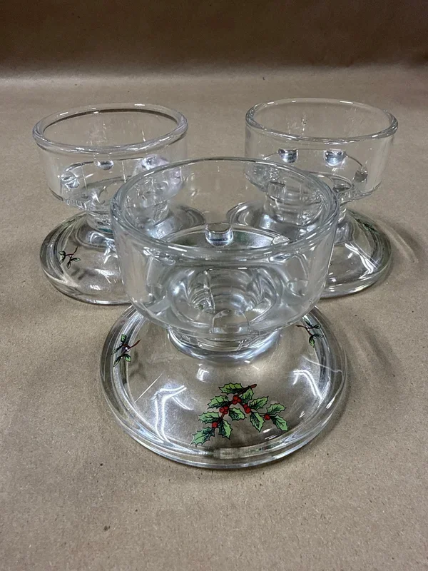 Set Of 3 Holly Berry Glass Candle Holders