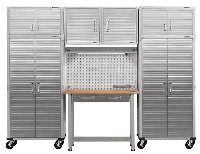 Seville Classics UltraHD 7-Piece Steel Garage Cabinet Storage Set With Pegboard Workbench, 10 Feet Wide