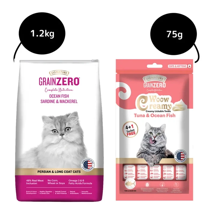 Signature Grain Zero Ocean Fish, Sardine and Mackerel Long Coat & Persian Cat Dry Food and Grain Zero Tuna and Ocean Fish Lickable Creamy Cat Treats