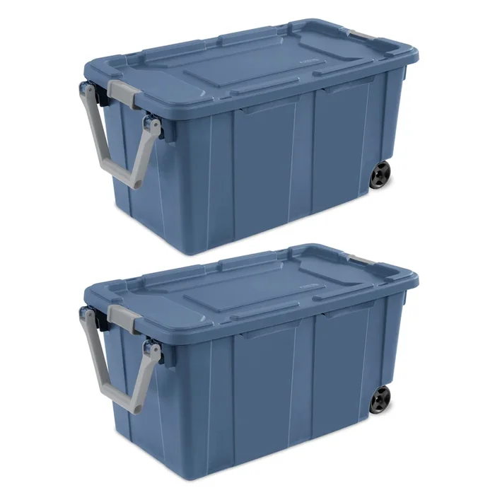Sterilite 40 Gallon Wheeled Industrial Tote, Rugged Plastic Storage Bin, Latch Lid, Blue, 2 Count