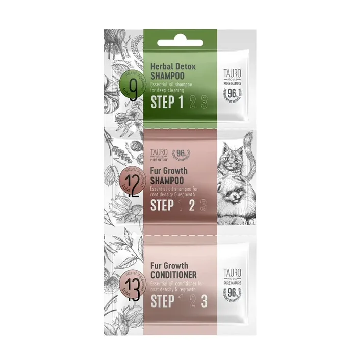 Tauro Pro Line Nature Herbal Detox + Fur Growth 3 Step Dog & Cat Shampoo And Conditioner Sample Set For Fur Regrowth