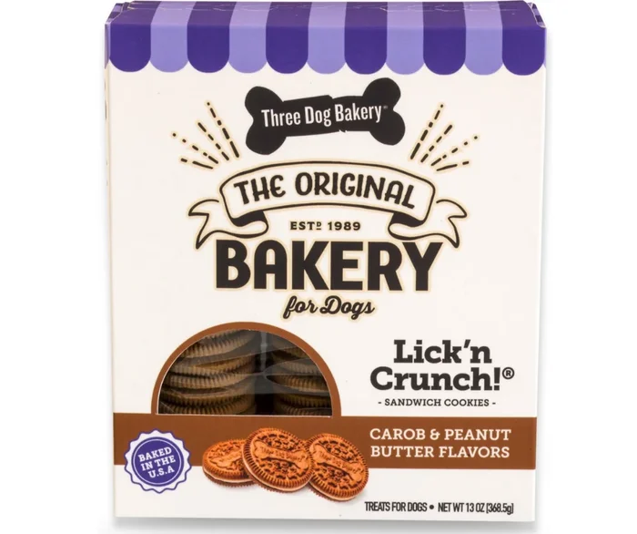 Three Dog Bakery – Lick’ n Crunch Sandwich Cookies Carob & Peanut Butter Flavor Dog Treats