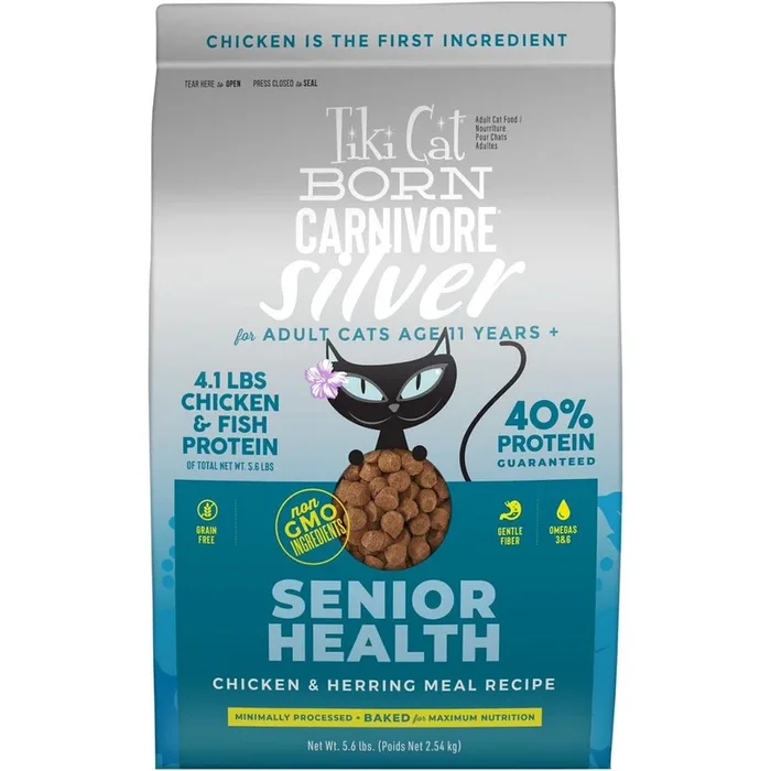 Tiki Cat Born Carnivore Silver Senior Health Dry Cat Food – Chicken & Herring – 5.6lb Bag