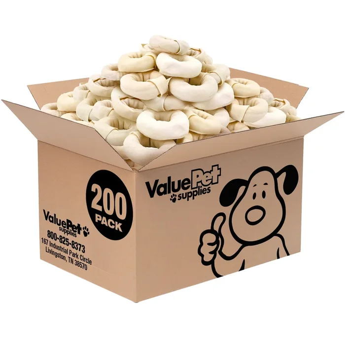 ValueBull USA Beef Rawhide Donut Rings, Premium Thick Cut, 200 Count Bulk Pack