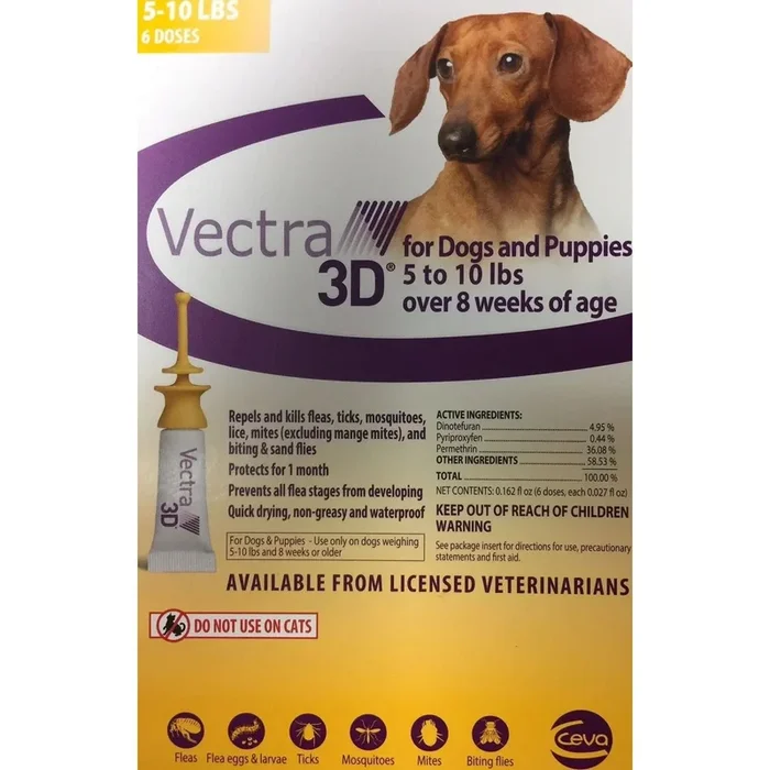 Vectra 3D Topical Spot on Flea & Tick Dogs Puppies 5-10 lbs. 6CT