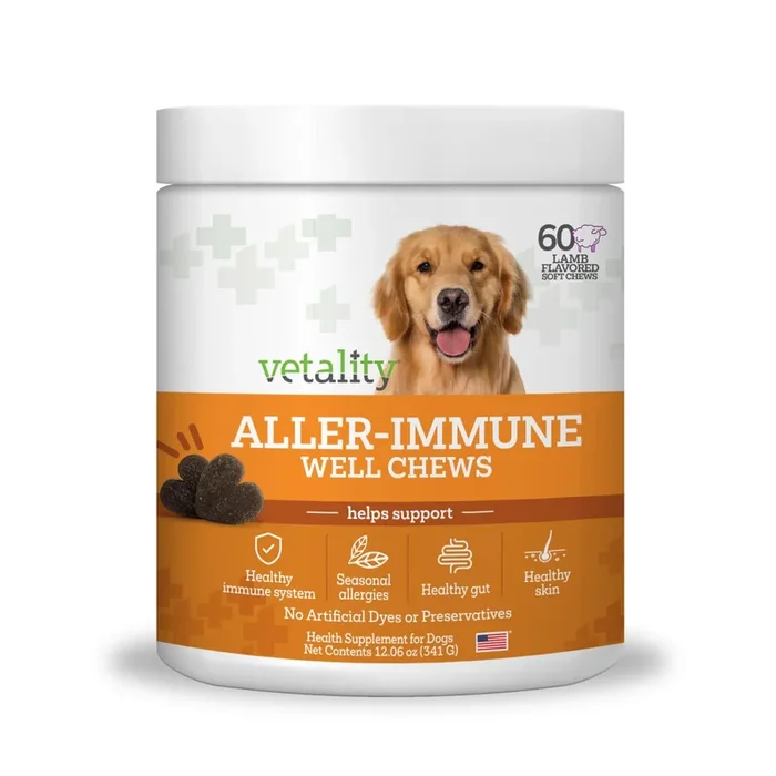 Vetality Aller-Immune Skin & Coat Well Chews for Dogs – Lamb Flavor, Supports Healthy Skin, Shiny Coat & Strong Pads