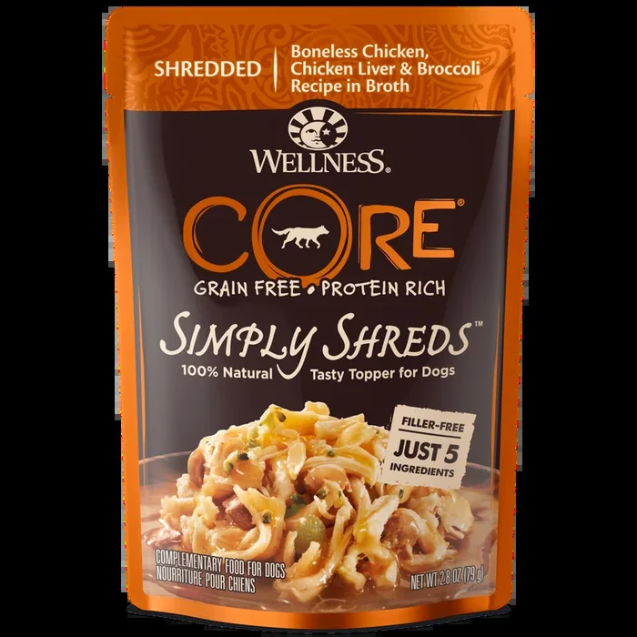 Wellness CORE Simply Shreds for Dogs Shredded Boneless Chicken, Chicken Liver & Broccoli Recipe in Broth