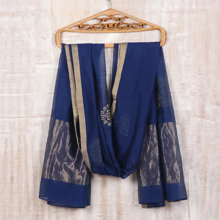 Zari Elegance Zari-Embroidered Cotton and Silk Blend Shawl in Lapis